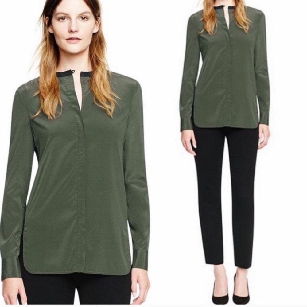 Tory Burch Silk Blend Colorblock Blouse Olive Green Black Career Minimalist-4